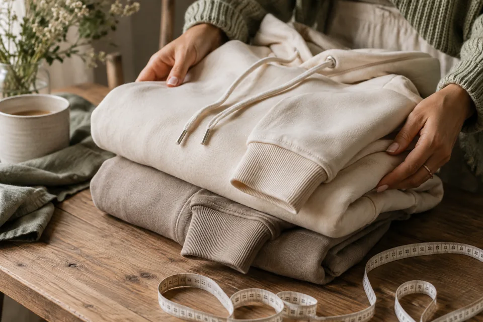 Folded neutral hoodies beside a measuring tape on a wooden table