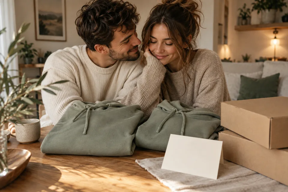 Couple seated behind folded sage hoodies and a blank gift card
