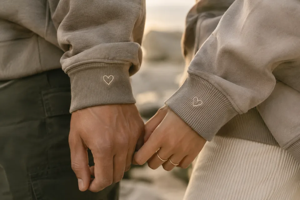 Small embroidered hearts on taupe hoodie cuffs