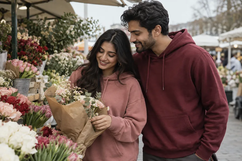 Couple in burgundy and rose hoodies at a flower market